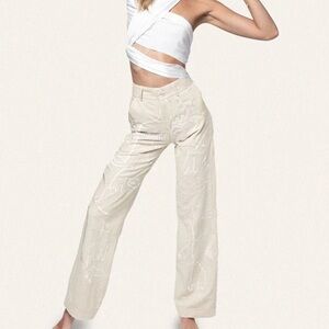 Embroidered Wide-Leg Trousers in Cream